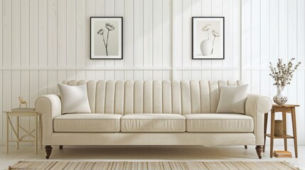 Fototapeta premium Elegant Cream Sofa in Bright White Living Room with Wall Art and Decor