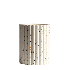 A ribbed, cylindrical ceramic vase with speckled detail, isolated on a black background
