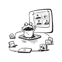 A Frog Doing Online Meetings From A Swamp Funny Remote Work Vector Flat Design  
