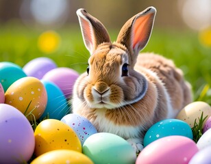 Adorable bunny surrounded by colorful Easter eggs