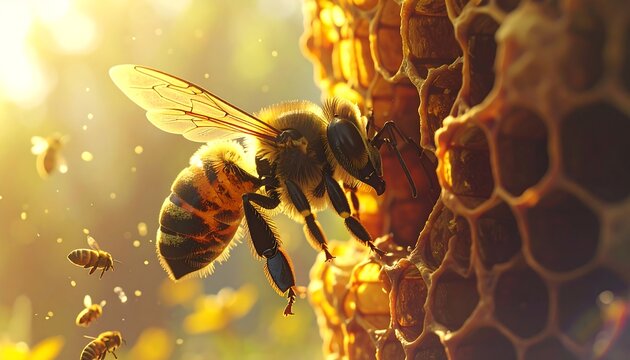 A close-up of a bee hovering near a honeycomb, bathed in sunlight