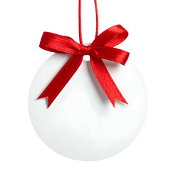 White circular ornament with a red ribbon bow, suspended by a loop of ribbon, isolated on black