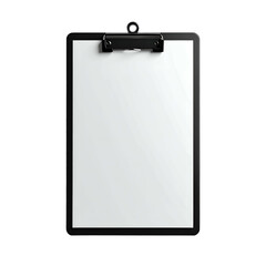 A rectangular clipboard with a black top clip holding a blank white paper on a black background