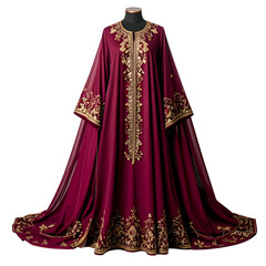Regal, floor-length burgundy gown with extensive gold embroidery, displayed on a mannequin
