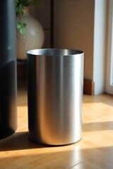 Sleek Brushed Steel Wastebasket on Polished Wood Floor Modern Minimalist Design for Home or Office Elegance