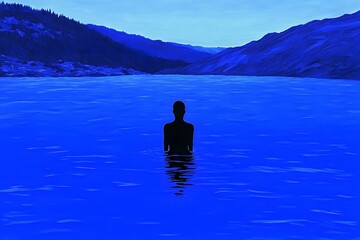 Solitary figure suspended in serene blue waters.