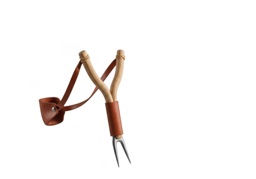 Wooden slingshot with leather pouch and metal fork, hunting weapon, toy, tool, isolated on transparent background