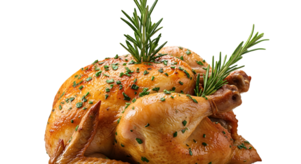 A delicious roasted chicken with herbs and spices, isolated on a transparent background, ready to be served as a main course