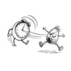 An Alarm Clock Running Away From A Sleepy Person Funny Morning Vector Illustration  