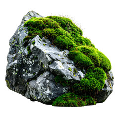 A large, jagged gray rock covered with vibrant green moss against a transparent background