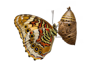 Detailed butterfly emerging from chrysalis cocoon macro photography close-up wildlife insect art isolated on transparent background