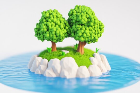 Tiny island with two stylized trees in a shallow body of water - Powered by Adobe