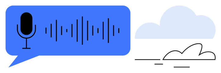 Microphone in a speech bubble with soundwaves next to abstract clouds. Ideal for voice technology, AI, communication, cloud computing, data streaming, speech recognition, podcasting. Simple flat