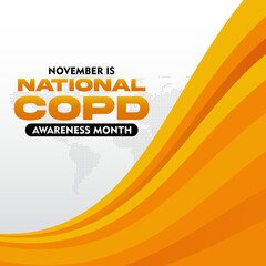 COPD Awareness Month. Observed every year on November. With orange ribbon awareness. Suitable for banner,  poster, social media and background design