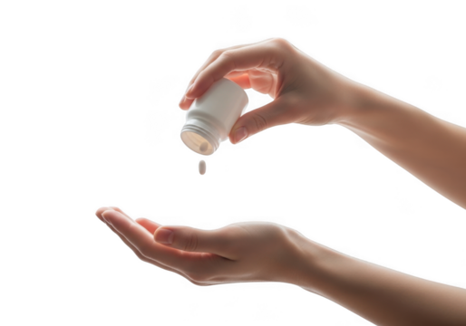 Hands pouring medicine pills from bottle, healthcare and medication concept, pharmaceutical product, isolated on transparent background