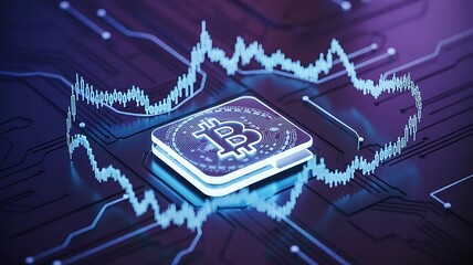 Digital Bitcoin symbol on circuit board with glowing blue stock market graph cryptocurrency blockchain