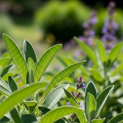 Close-up of vibrant green sage leaves in a garden setting.