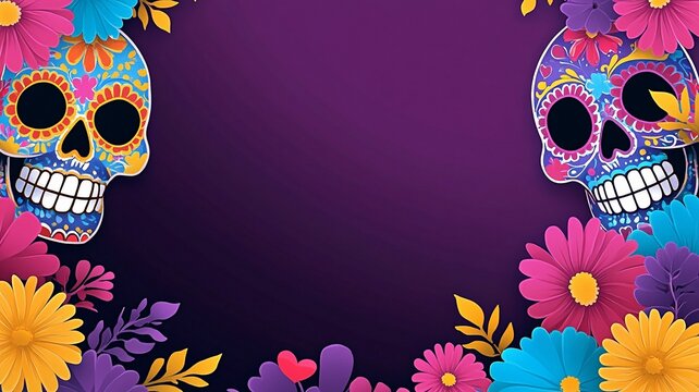 Colorful Skull with Floral Decorative Purple Background for Festival Celebration, Party Invitation, Poster Design and Cultural Event