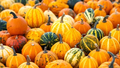 A close-up of many vibrant, colorful, and oddly shaped pumpkins