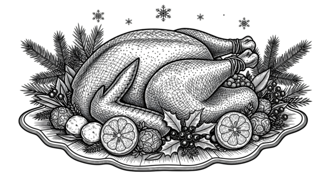 A detailed black and white illustration of a roasted turkey, adorned with festive garnishes like cranberries, oranges, and pine branches, presented on a decorative platter, isolated on transparent bac