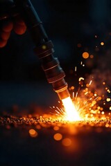 Intense Welding Torch Ignition Sparks Fly in Bright Orange Flame Against Dark Background. Perfect for Industrial, Manufacturing, and Construction Stock Photos.