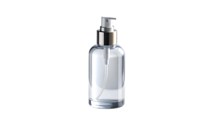 Clear Glass Dispenser Pump Bottle Isolated on Black Background. Empty Transparent Cosmetic Packaging for Skincare, Lotion, Serum, Hand Sanitizer Mockup