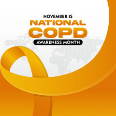 COPD Awareness Month. Observed every year on November. With orange ribbon awareness. Suitable for banner,  poster, social media and background design