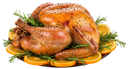 A beautifully roasted whole chicken, seasoned with herbs and spices, garnished with fresh rosemary and orange slices, isolated on transparent background