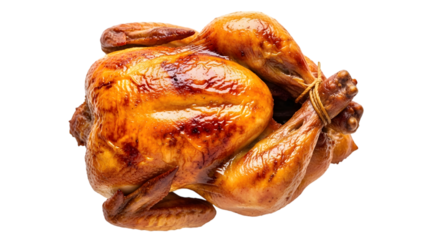 A perfectly roasted whole chicken, golden brown and crispy, isolated on a transparent background, ready to be served as a delicious meal