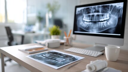 Dental office workspace with x-ray images and computer monitor  