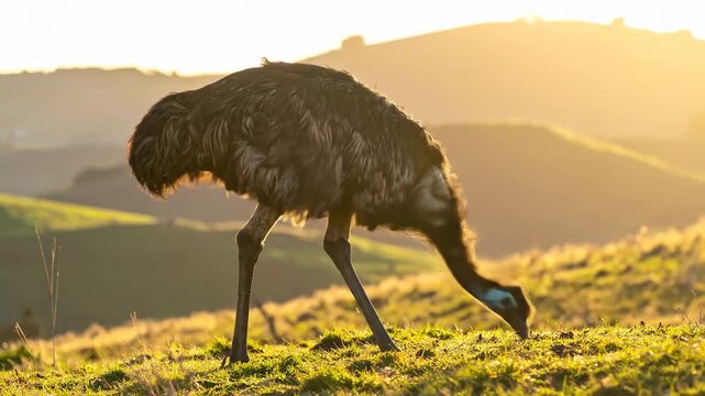 Emu Foraging in Golden Hour Sunlight on Grassy Hills.