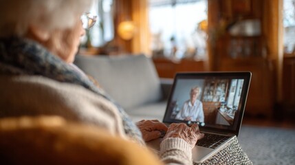 Elderly woman video calling on laptop while sitting in living room  
