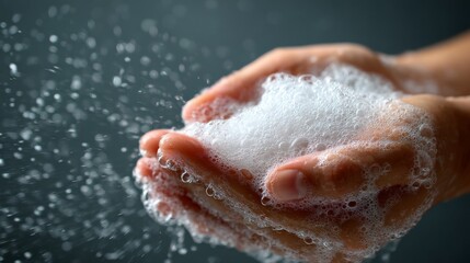 Hands holding foam with bubbles for cleaning in dark background  