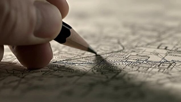 Close-up shot of a hand holding a pencil, drawing a line on an old map, highlighting details