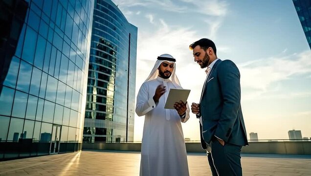 Two businessmen discuss tablet details in front of modern office buildings. Bright sunset light