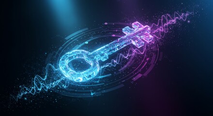 Futuristic glowing key with digital waveforms
