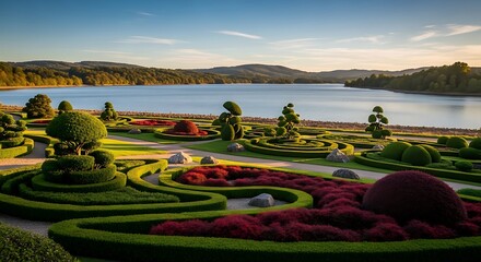 Serene Garden Landscape with Lake and Topiary Art.