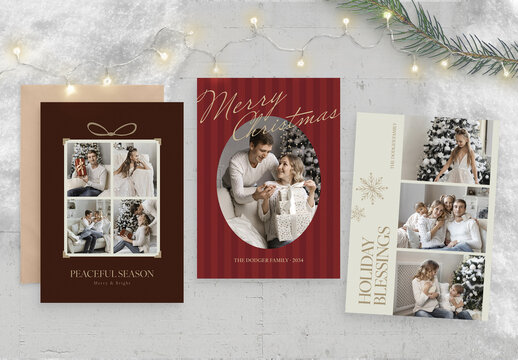 Elegant Christmas Greetings Card Template & Family Photo Card Flyer Layout in Red Hues with Luxury Gold Accents