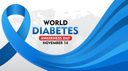 World Diabetes Awareness Day. 14th November Diabetes awareness banner with blue ribbon. Suitable for banner,  poster, social media and background design
