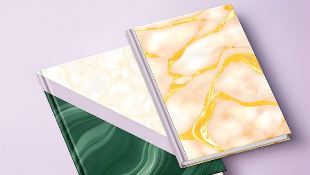 Two hardcover books with malachite and marble covers on light purple