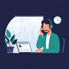 Customer service agent working at desk with laptop and headset.