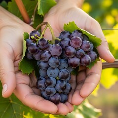 Hands Holding Freshly Picked Grapes in Vineyard.