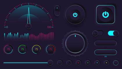 Futuristic control panel interface with glowing dials, switches, meters, and gauges in neon blue and pink tones, modern dashboard UI for technology or music visualization design.