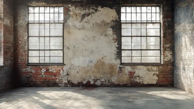 Urban industrial loft with large weathered brick wall and expansive windows