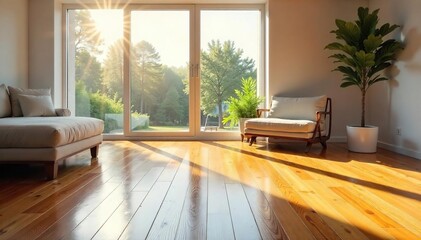 Sunlight Streams Through Modern Window, Illuminating Gleaming Hardwood Floors in Minimalist Interior Design