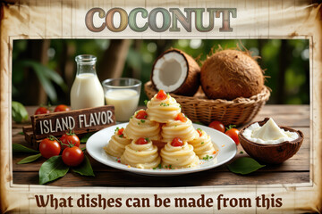 Coconut desserts on island display, tropical colors, island flavor -