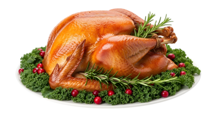 A beautifully roasted golden brown turkey, garnished with fresh rosemary and cranberries, isolated on transparent background