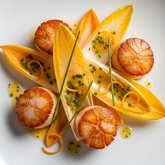 Seared Scallops with Endive and Citrus Garnish.