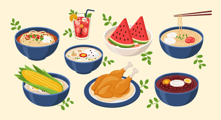 A delicious assortment of Asian inspired dishes and refreshing drinks served in bowls and on plates.