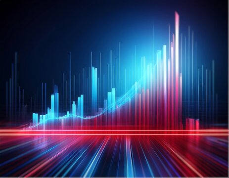 A digital representation of data visualization, highlighting market trends. It features rising bar charts with a dynamic flow, showing analysis and potential gains. The image is a vibrant mix of blue 